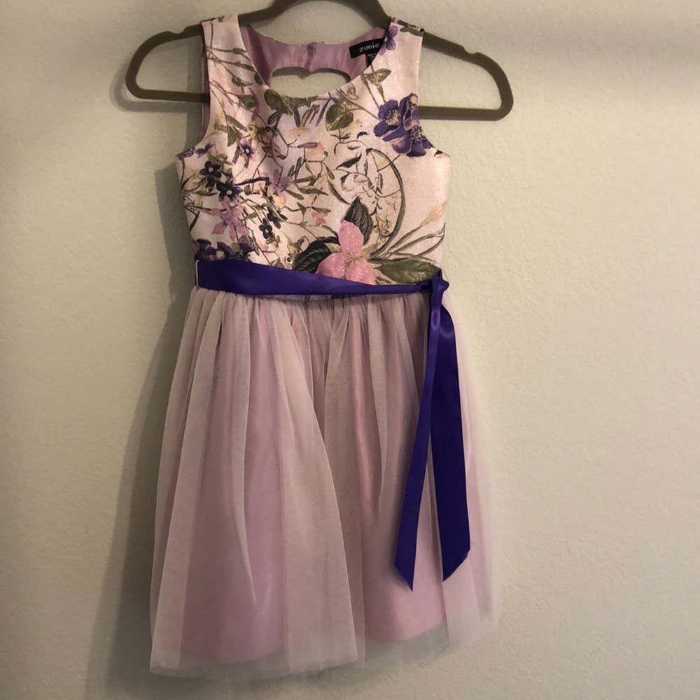 Floral & tulle party dress w/ ribbon belt